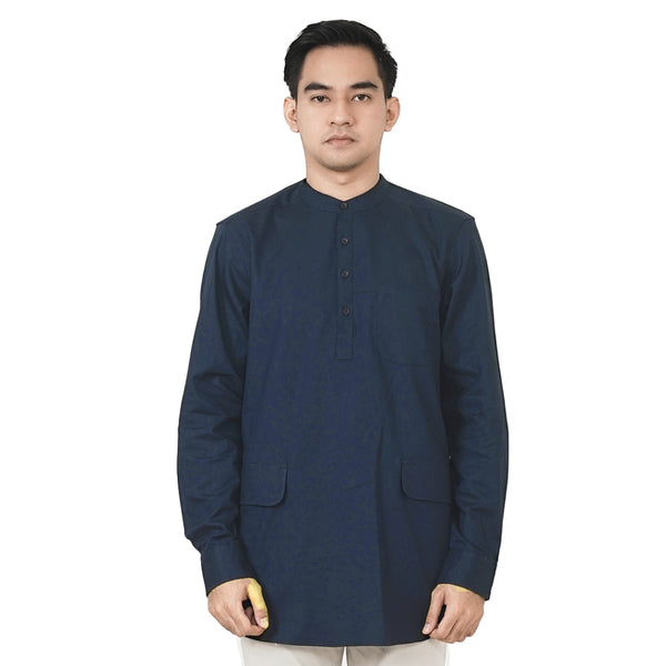 Russ Kemeja Koko Qurta Pria Tangan Panjang Mahir Navy Blue